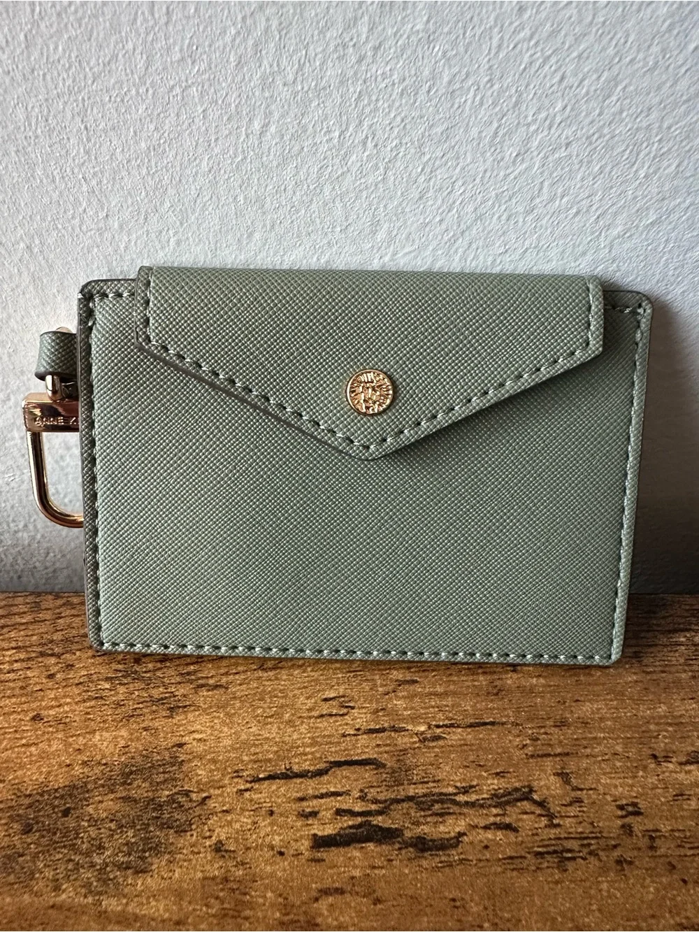 Anne Klein Sage Green Envelope Card Holder w/ Gold Snap Bag Charm Keychain NWOT